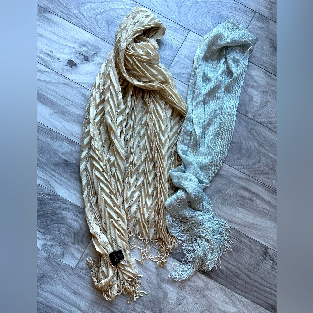Cejon Brand gold metallic scarf & silver scarf.
